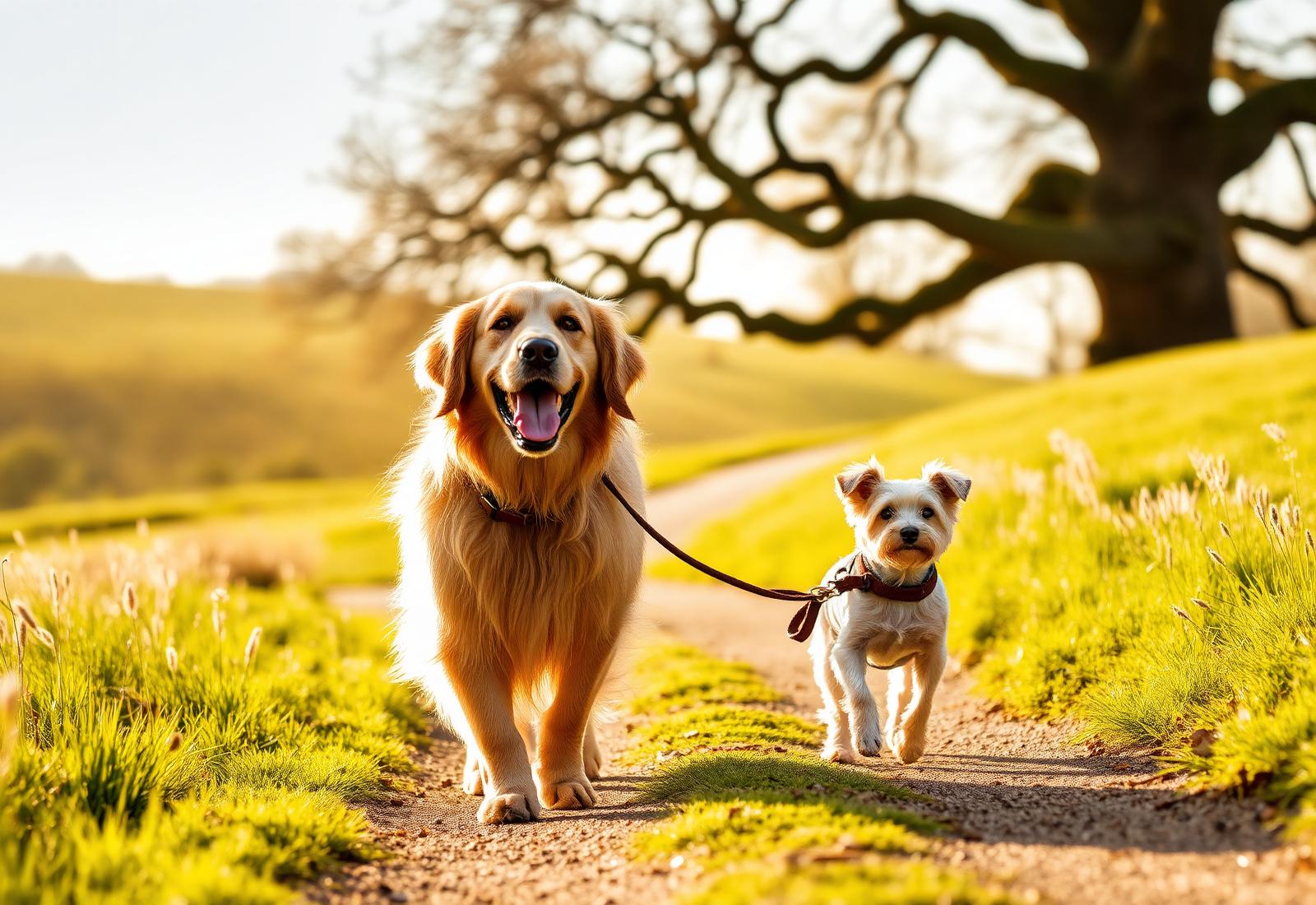 A golden retriever and small terrier on a Surrey countryside walk
